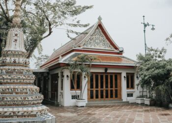 Explore the detailed architecture of Wat Pho Temple in Bangkok, Thailand, surrounded by lush greenery.