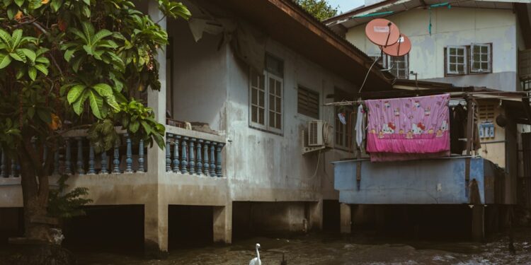 a bird standing in a flooded area next to a house
