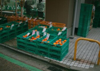 Vibrant street market in Tokyo showcasing fresh oranges in colorful crates.