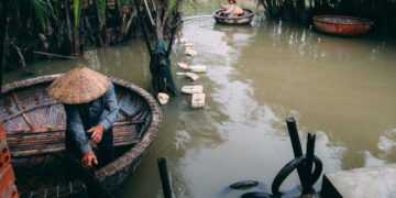 Men rowing traditional basket boats in rural Vietnam's lush waterways.