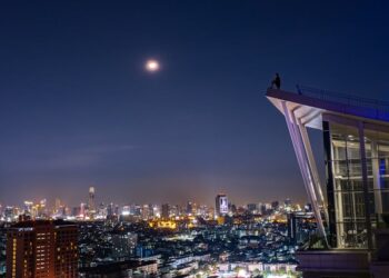 Stunning view of Bangkok's skyline under a full moon, capturing urban lights and architecture.