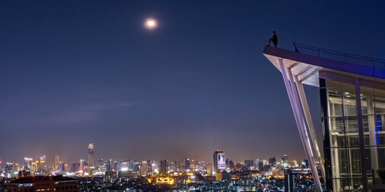 Stunning view of Bangkok's skyline under a full moon, capturing urban lights and architecture.