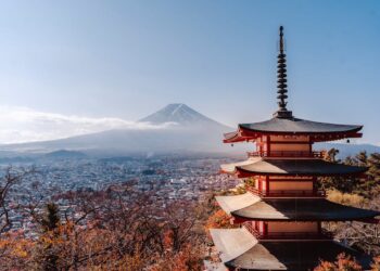 Scenic view of Mount Fuji and Chureito Pagoda with autumn foliage, Japan.