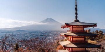 Scenic view of Mount Fuji and Chureito Pagoda with autumn foliage, Japan.