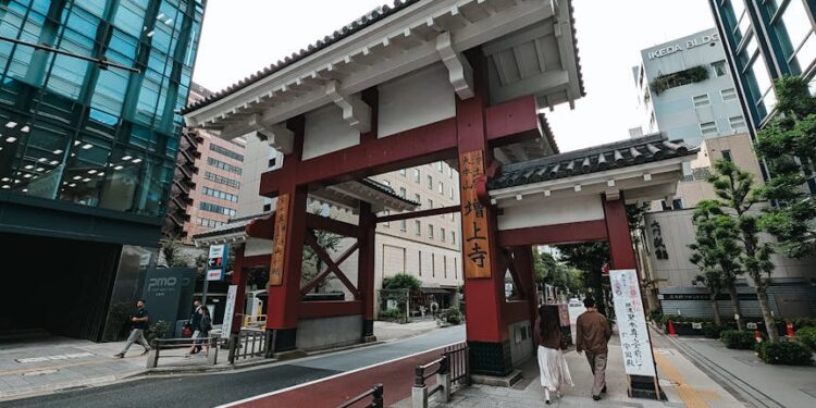 Street view of a traditional Japanese gate amidst modern Tokyo architecture.