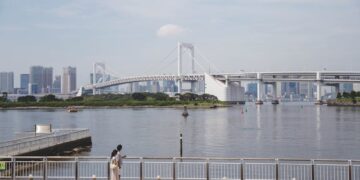 A serene day view of Rainbow Bridge and Tokyo skyline from Minato City waterfront.
