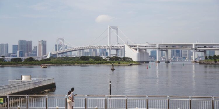 A serene day view of Rainbow Bridge and Tokyo skyline from Minato City waterfront.