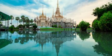 Beautiful Thai temple with serene reflection in water, showcasing spirituality and culture.