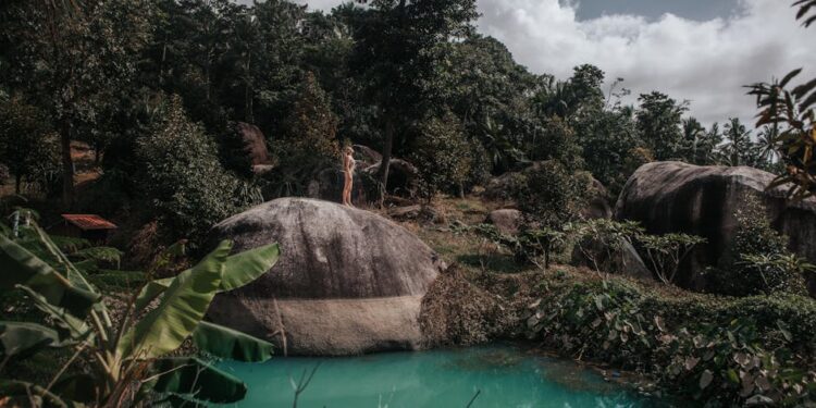 Discover the serene beauty of a lush tropical lagoon on Koh Samui, Thailand.